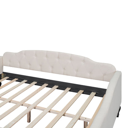 Upholstered tufted daybed by HouseOfZazla with light beige fabric and visible wooden slat base on Tampa Home & Garden Store