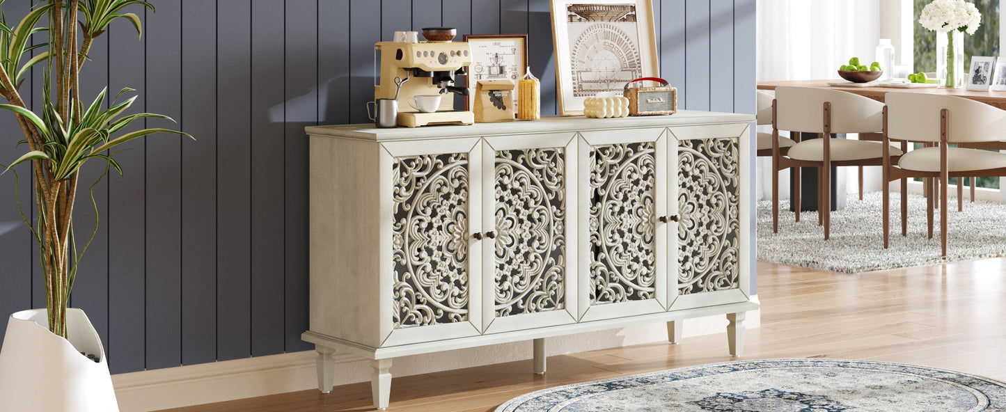 60-inch antique buffet cabinet with cream carved floral panels and solid wood legs on Tampa Home & Garden Store