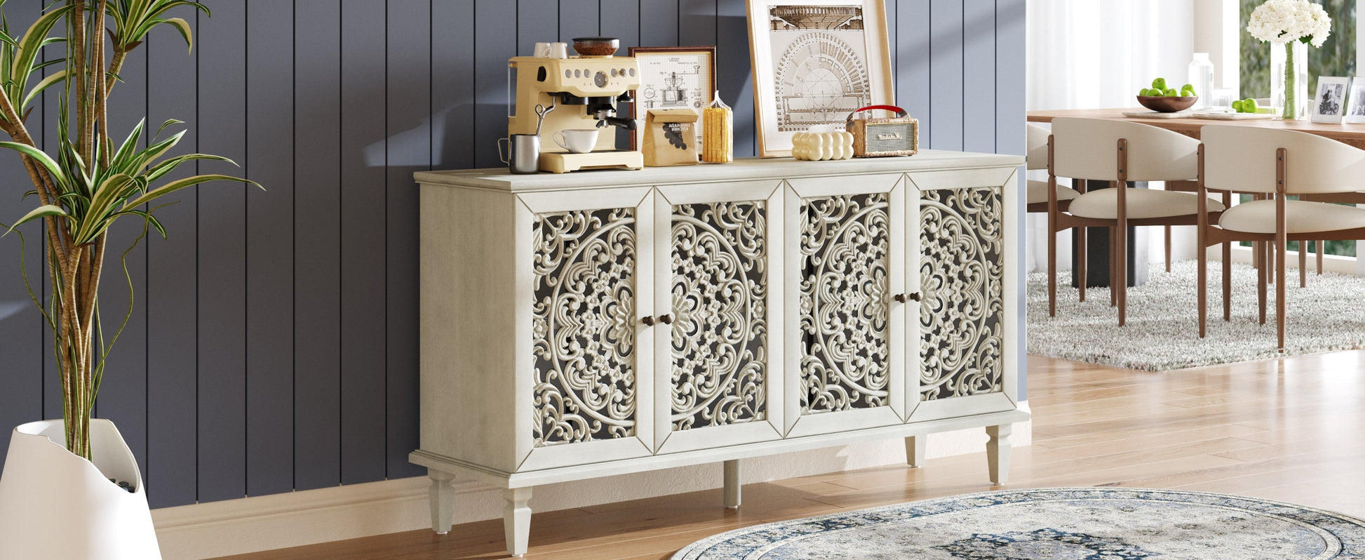 60-inch antique buffet cabinet with cream carved floral panels and solid wood legs on Tampa Home & Garden Store