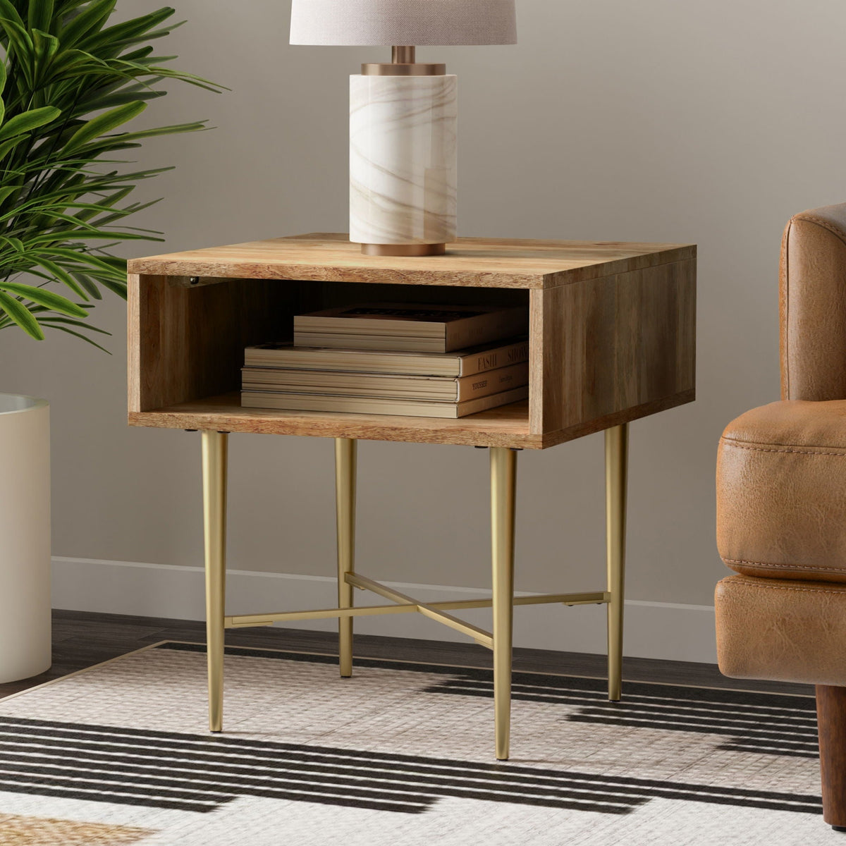 Fallon natural wood end table by HouseOfZazla with iron base and gold legs on Tampa Home & Garden Store