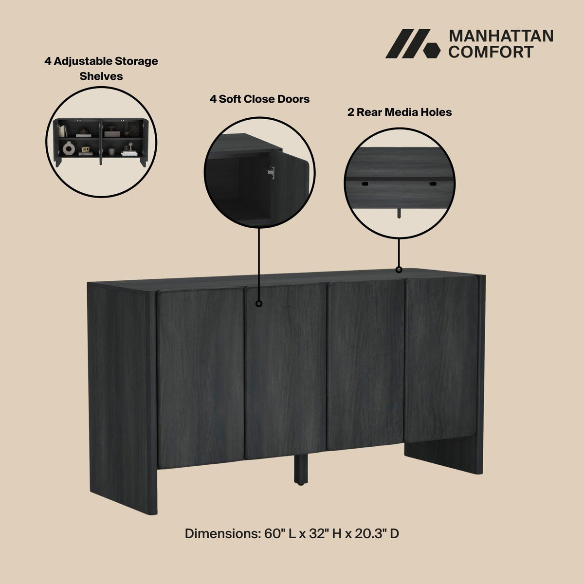 Linda Sideboard with 4 adjustable shelves and soft-close doors in dark gray by HouseOfZazla on Tampa Home & Garden Store