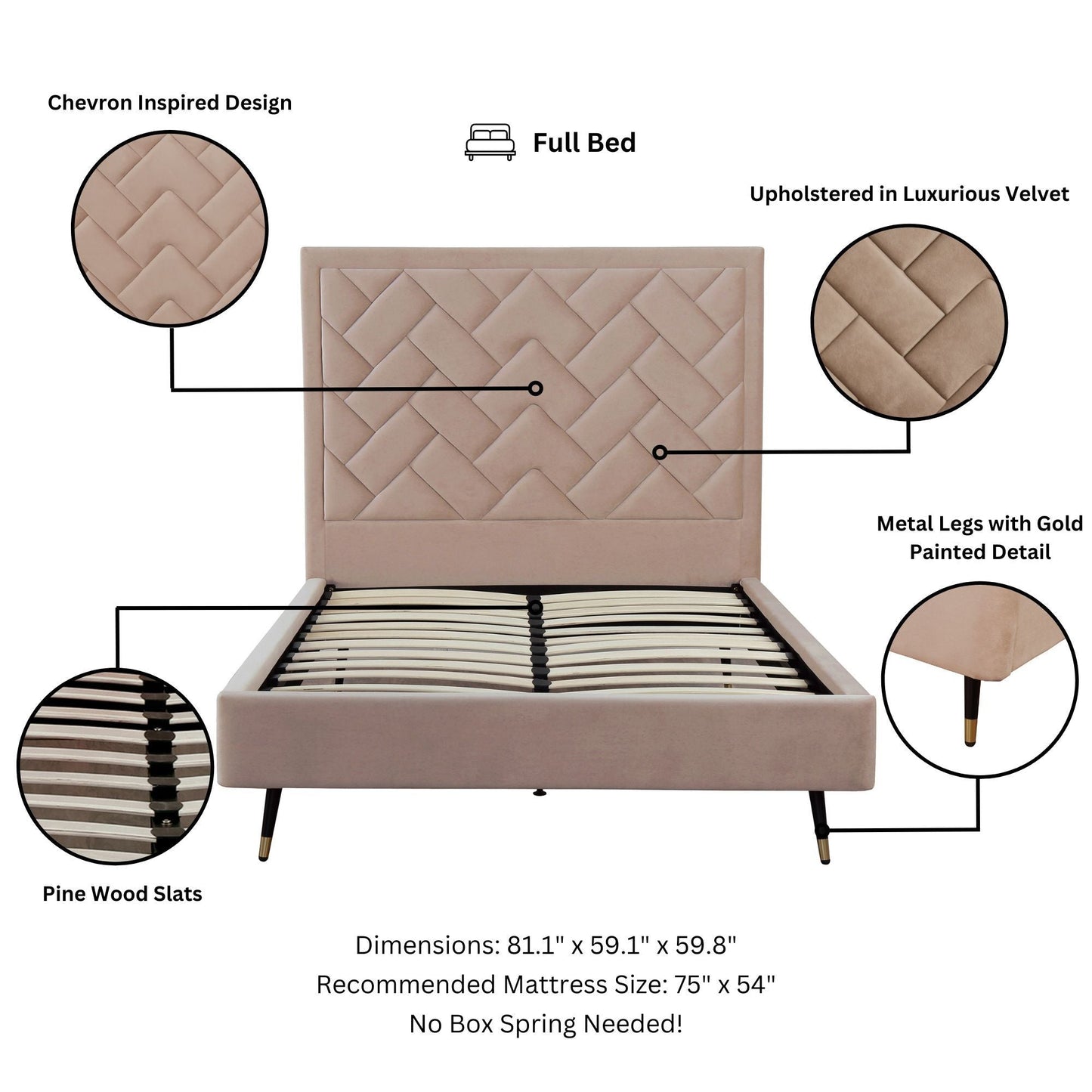 Crosby upholstered bed with beige velvet chevron headboard and pine wood slats by HouseOfZazla on Tampa Home & Garden Store