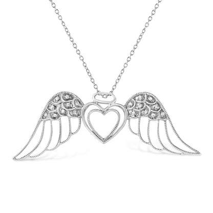 Sterling silver angel wing double heart pendant necklace with pave-set diamonds, 18in chain on Tampa Home & Garden Store