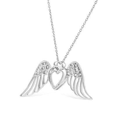 Sterling silver pave-diamond angel wing double-heart pendant necklace on 18in chain by Bids.com on Tampa Home & Garden Store
