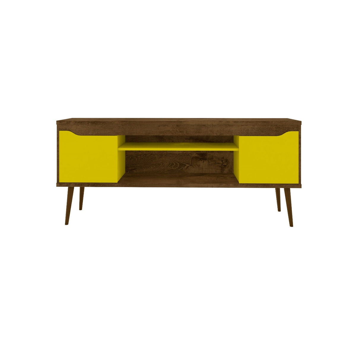 TV Stand by HouseOfZazla with concealed storage, brown wood finish and yellow cabinet doors on Tampa Home & Garden Store