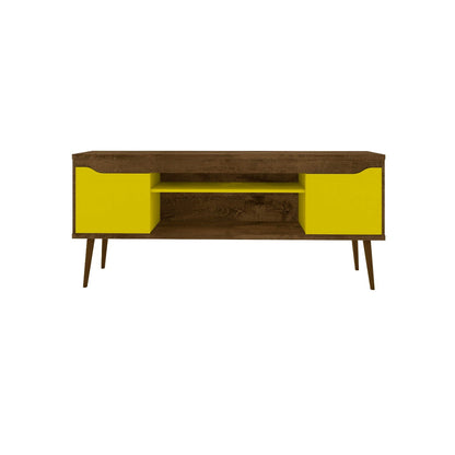 TV Stand by HouseOfZazla with concealed storage, brown wood finish and yellow cabinet doors on Tampa Home & Garden Store