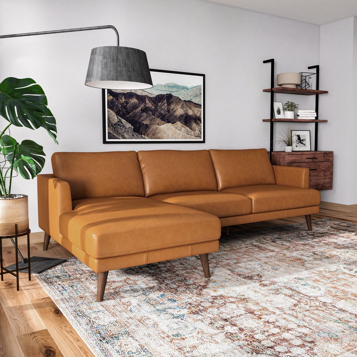 Lore high quality L-shaped sectional sofa in tan leather with wooden legs in living room on Tampa Home & Garden Store