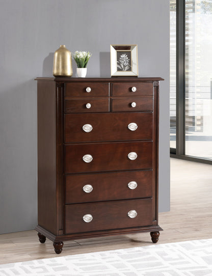 Dark brown accent chest with wood veneers, tall dresser with silver pulls on Tampa Home & Garden Store