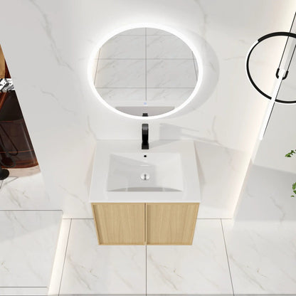 Floating vanity with sink by Unique Piece Furniture light oak cabinet, white sink, black faucet on Tampa Home & Garden Store