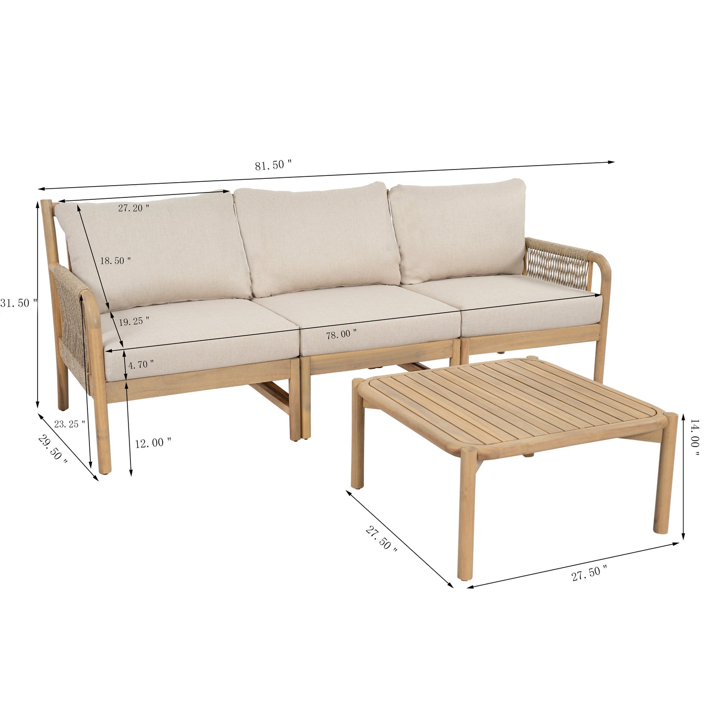 Casper Outdoor 3-Seater Sofa and Coffee Table Set with wood frame beige cushions on Tampa Home & Garden Store