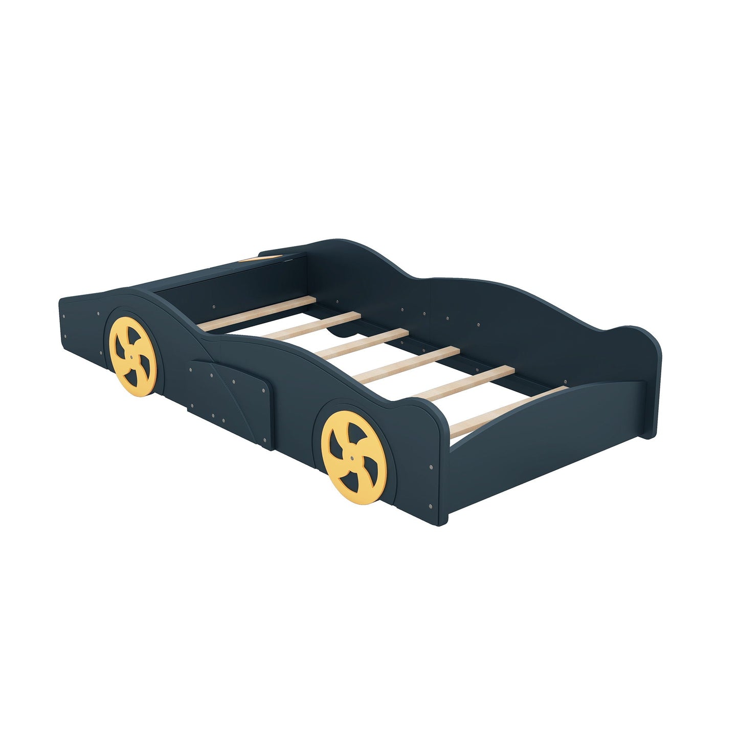 Race car shaped platform bed with yellow wheels and wood slat base, dark navy finish on Tampa Home & Garden Store