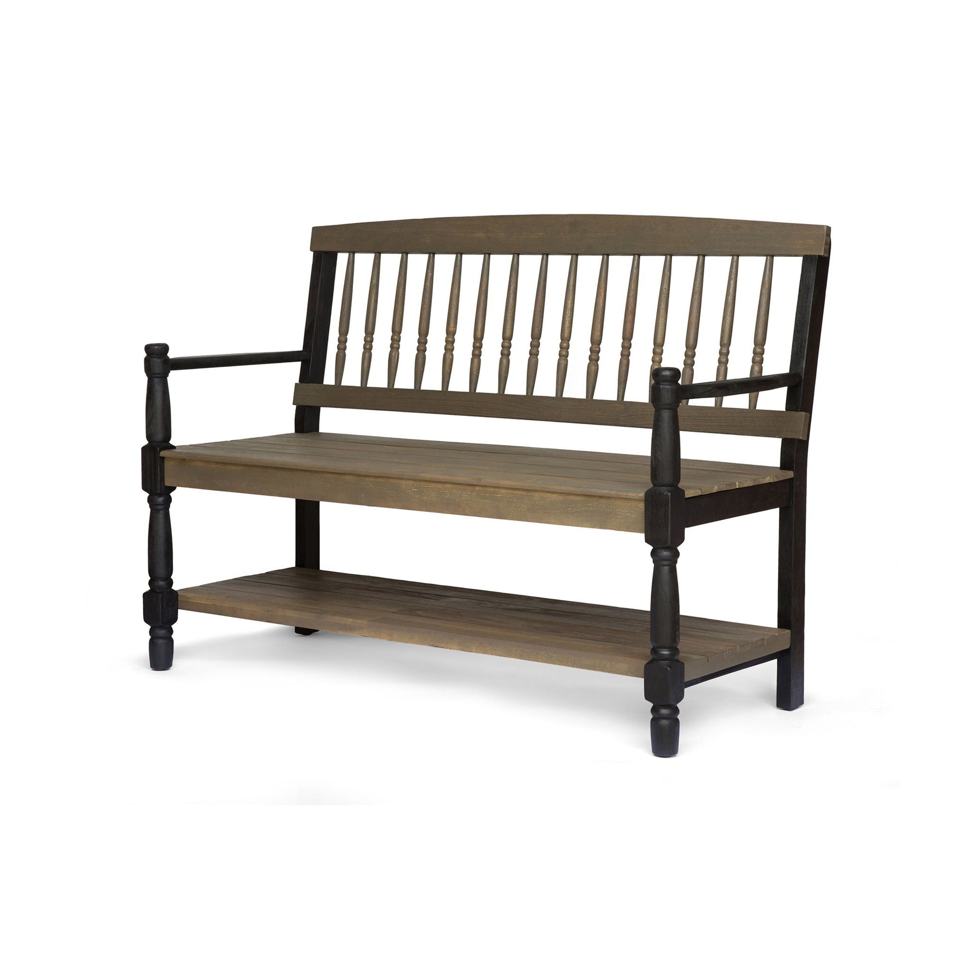 Slatted Bench With Built In Shelf by HouseOfZazla, brown wood tones with black frame on Tampa Home & Garden Store
