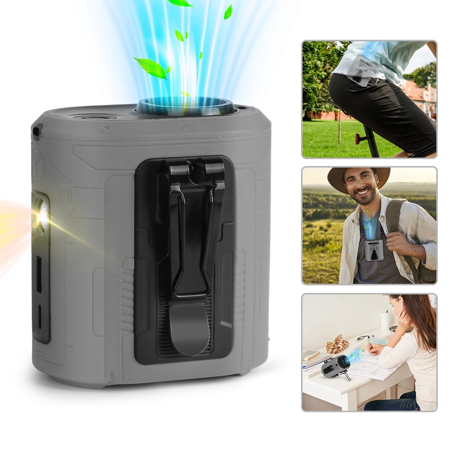 GemGear 5-in-1 waist clip fan with flashlight, 10000mAh battery, gray wearable belt fan on Tampa Home & Garden Store