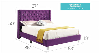 Upholstered Nailhead Trim Chic Bed purple velvet tufted headboard, queen size on Tampa Home & Garden Store