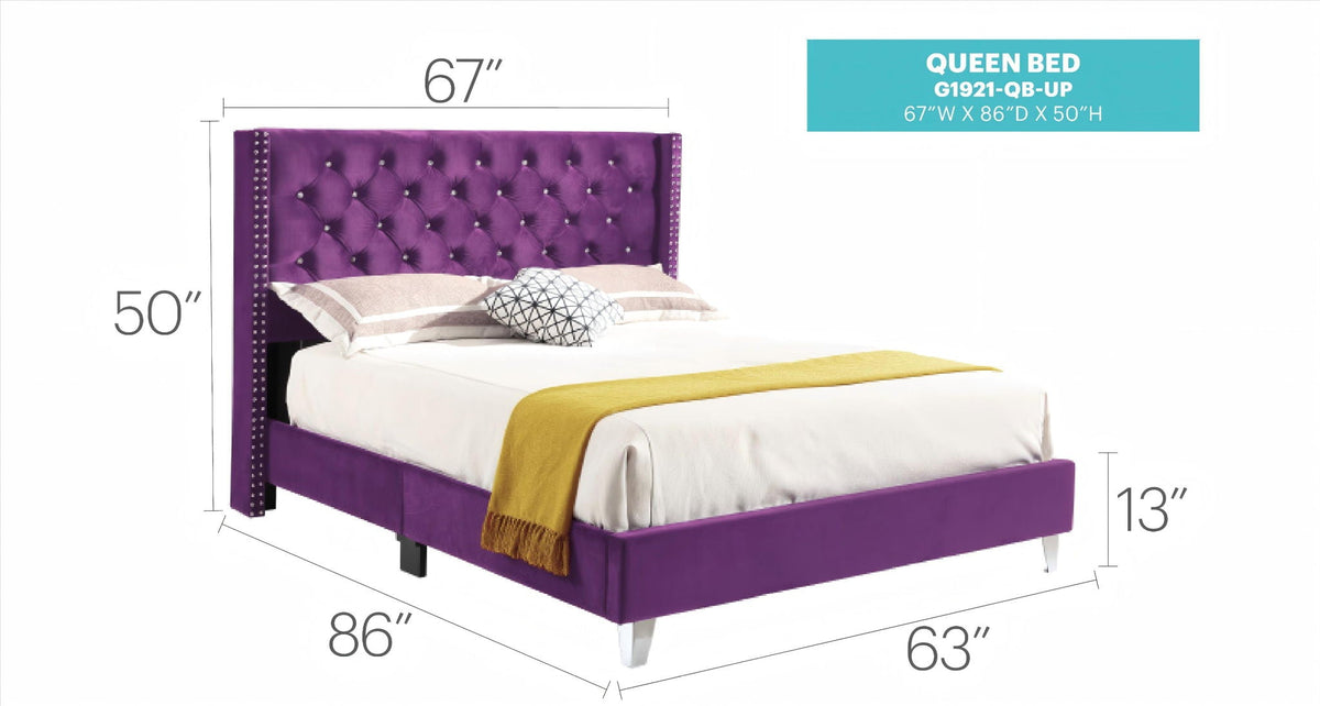 Upholstered Nailhead Trim Chic Bed purple velvet queen by HouseOfZazla with tufted headboard on Tampa Home & Garden Store