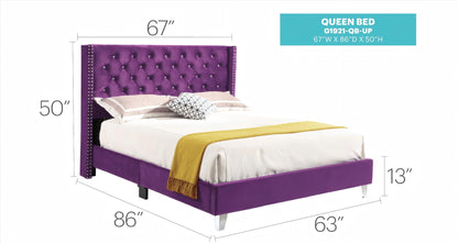 Upholstered Nailhead Trim Chic Bed purple velvet queen by HouseOfZazla with tufted headboard on Tampa Home & Garden Store