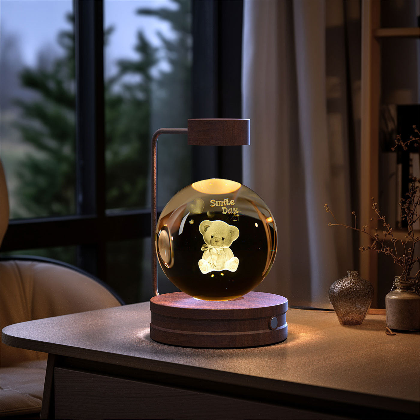 Crystal ball night light with teddy bear inside, wooden base, USB powered warm bedside lamp on Tampa Home & Garden Store