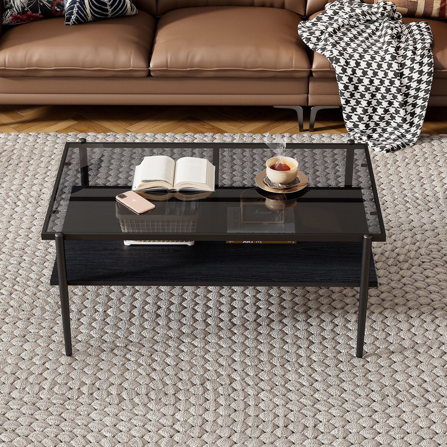 Rectangle coffee table with tempered glass top and black metal legs, books and cup on top on Tampa Home & Garden Store
