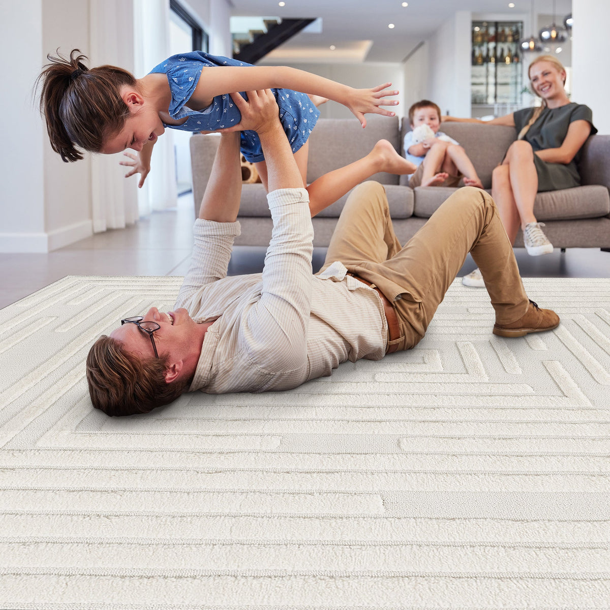 High Low Striped Rug with Geometric Cream Pattern by HouseOfZazla for living room decor on Tampa Home & Garden Store