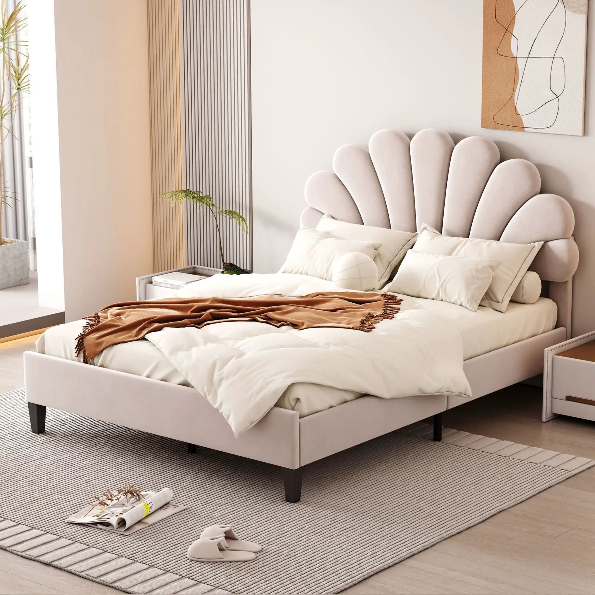 Upholstered platform bed with pale pink scalloped flower-pattern headboard by Unique Piece on Tampa Home & Garden Store