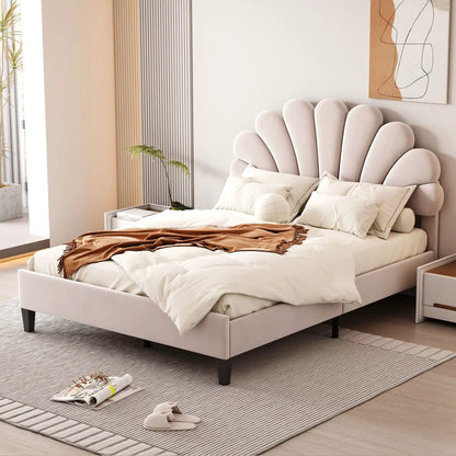 Upholstered platform bed with pale pink scalloped flower-pattern headboard by Unique Piece on Tampa Home & Garden Store