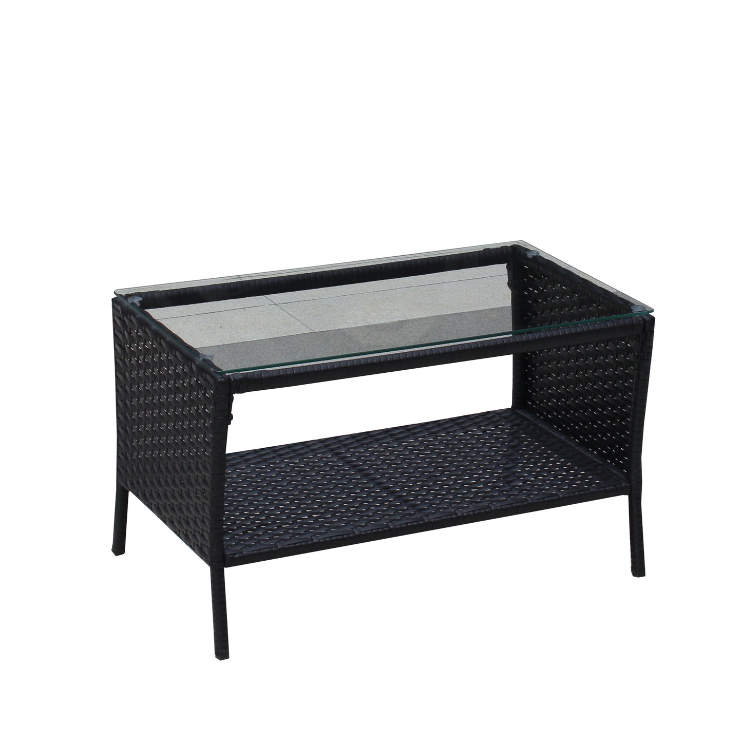 Black wicker outdoor coffee table with glass top from 4 pc rattan patio furniture set on Tampa Home & Garden Store