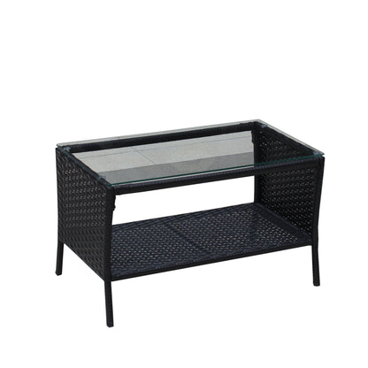 Black wicker outdoor coffee table with glass top from 4 pc rattan patio furniture set on Tampa Home & Garden Store
