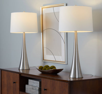 Diana contemporary table lamp set of 2 with brushed nickel bases and white fabric shades on Tampa Home & Garden Store