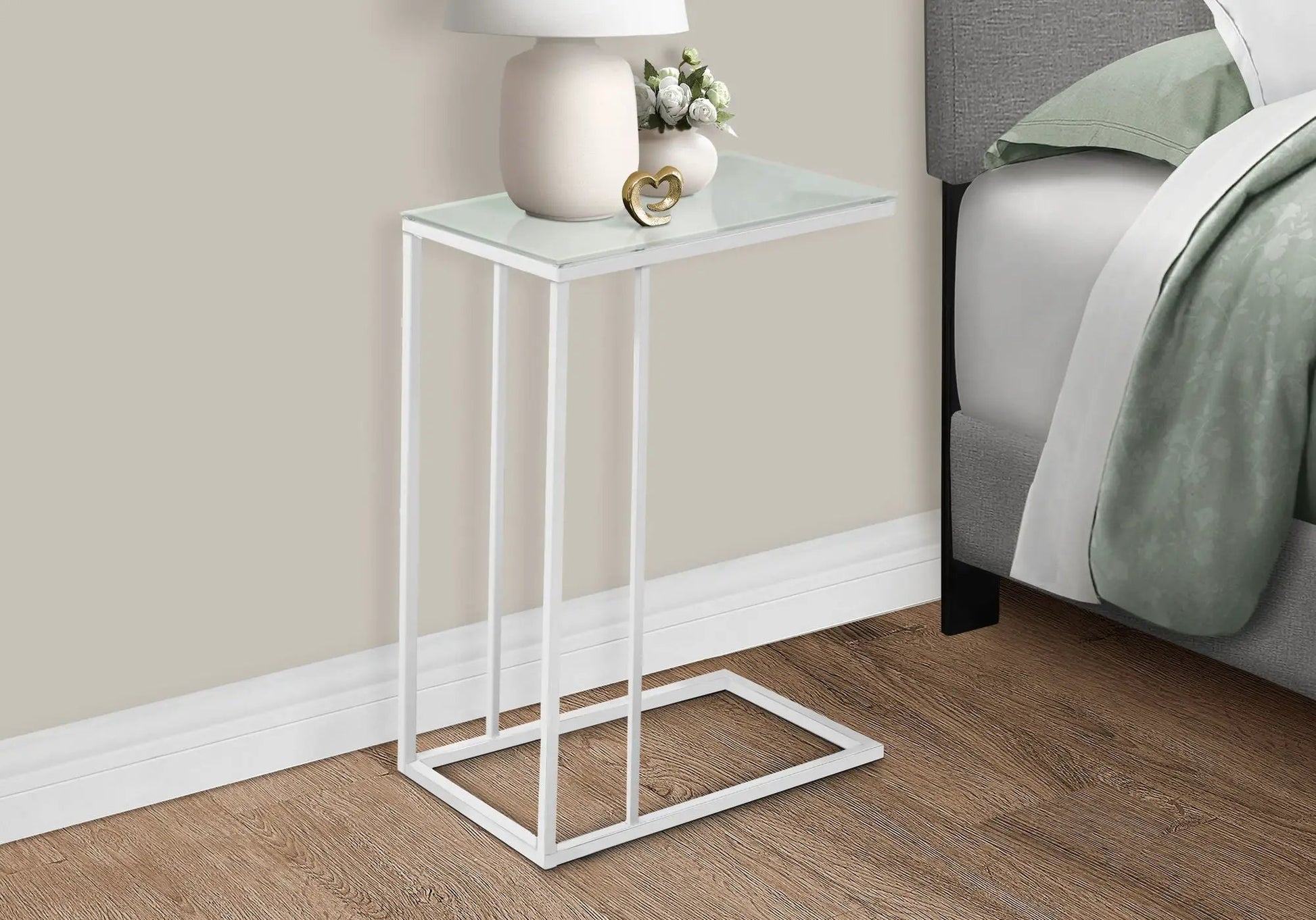 Accent Table C-shaped with tempered glass top and white metal frame on Tampa Home & Garden Store