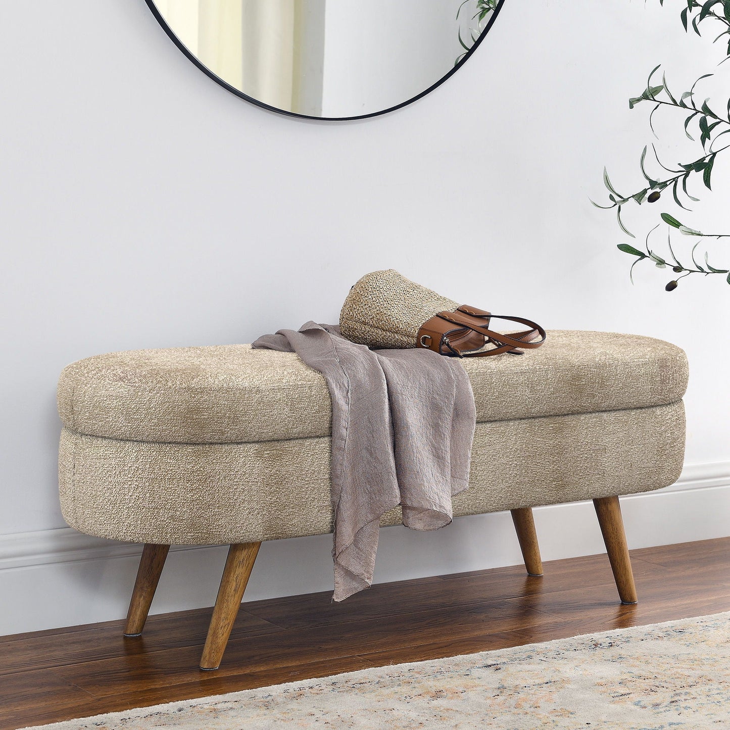 Modern Ottoman Oval Storage Bench beige textured fabric with rubber wood legs HouseOfZazla on Tampa Home & Garden Store