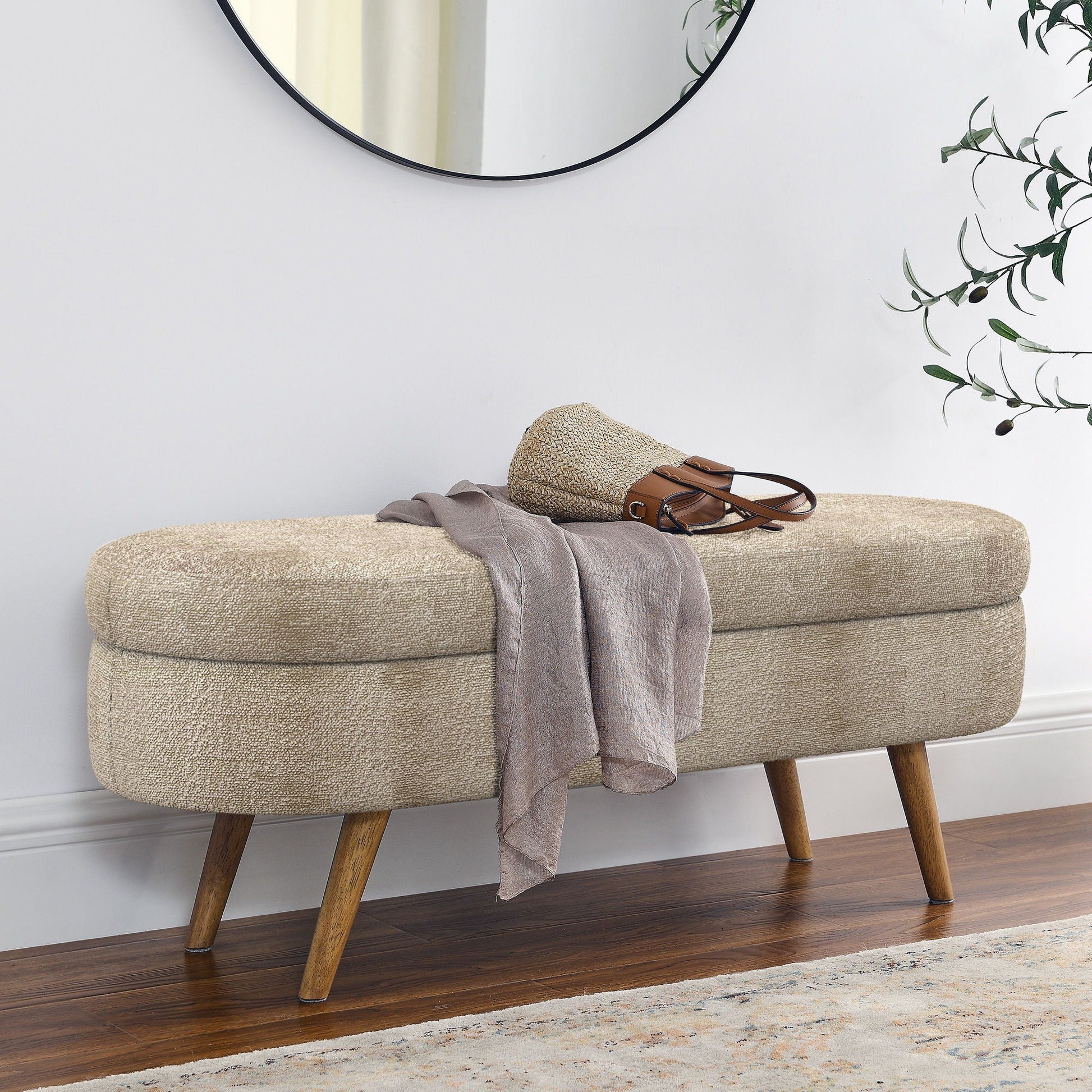 Modern Ottoman Oval Storage Bench beige textured fabric with rubber wood legs HouseOfZazla on Tampa Home & Garden Store