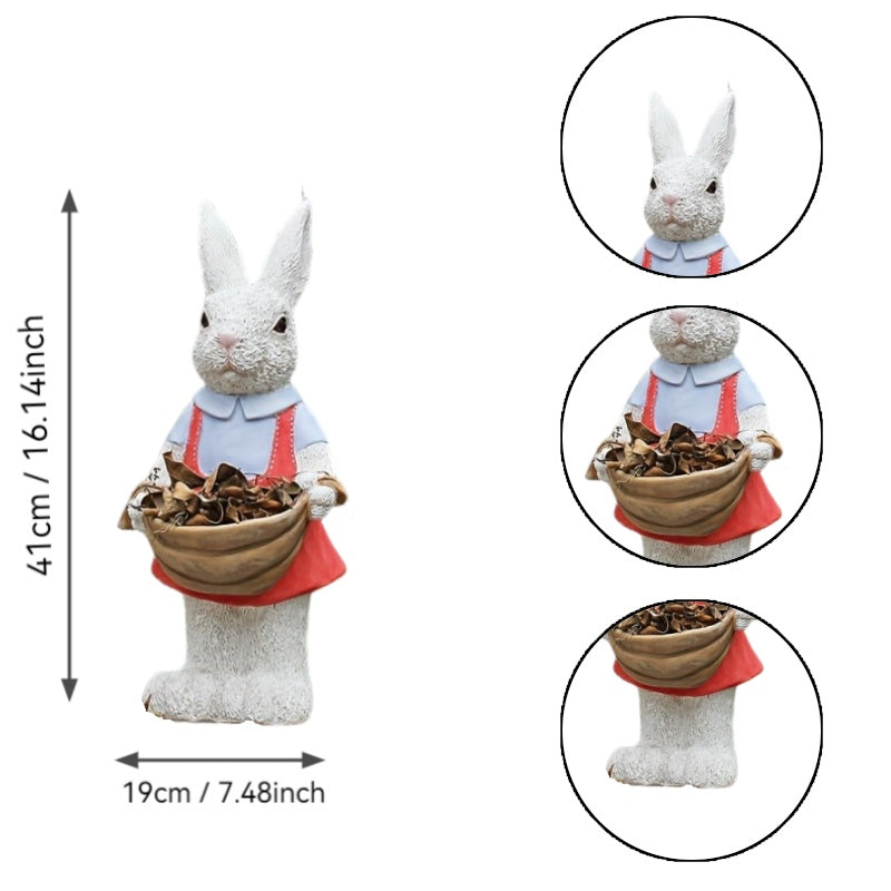 Rabbit Garden Statue HouseOfZazla white bunny with blue shirt red apron holding basket on Tampa Home & Garden Store