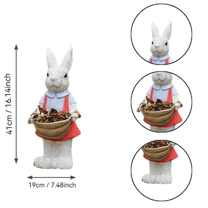 Rabbit Garden Statue HouseOfZazla white bunny with blue shirt red apron holding basket on Tampa Home & Garden Store