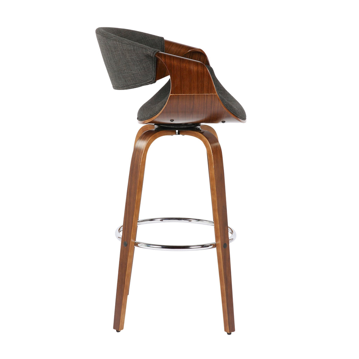 Mid century swivel barstool set with walnut frame, gray fabric cushions, chrome footrest on Tampa Home & Garden Store