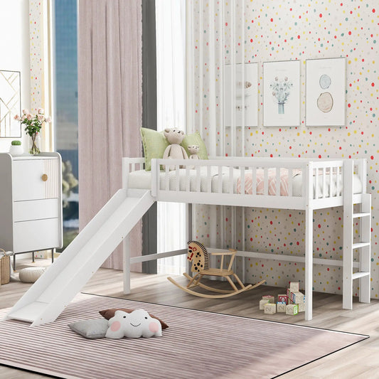 Twin Low Loft Bed with Ladder and Slide in white, set in a bright kids' room on Tampa Home & Garden Store