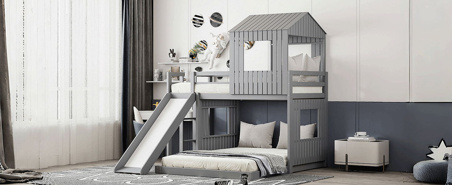 Loft bunk bed with playhouse in gray by HouseOfZazla, includes slide and guardrails on Tampa Home & Garden Store