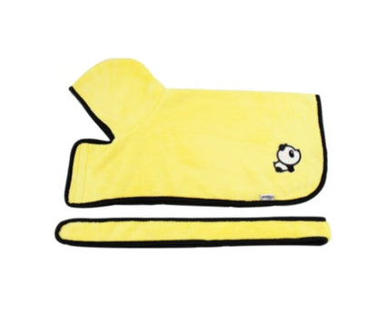 Absorbent pet bathrobe with waist-wrapped microfiber, yellow color, Pet Zen, panda logo on side on Tampa Home & Garden Store