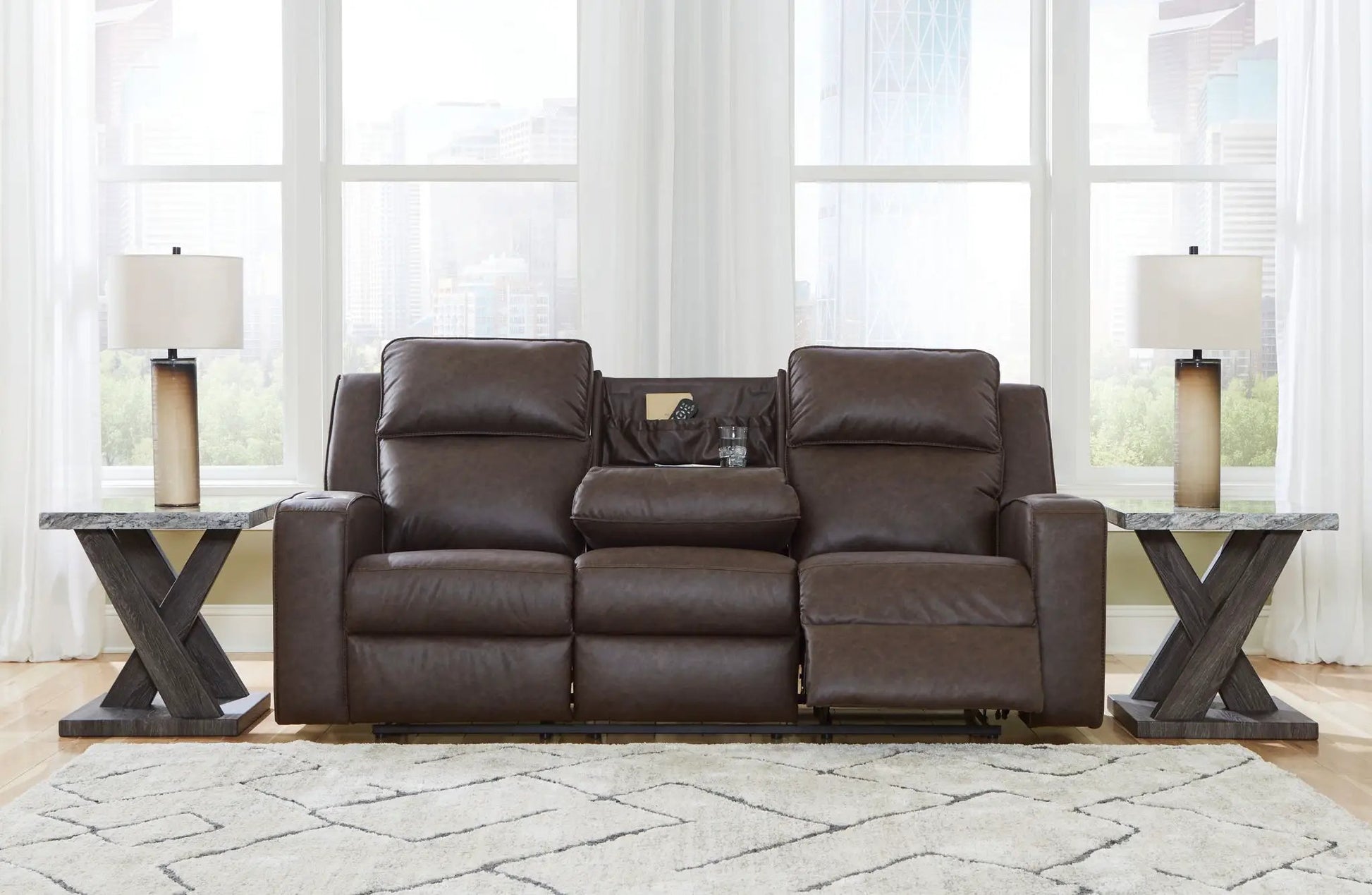 Lavenhorne Rec Sofa with Drop Down Table Granite brown leather reclining sofa on Tampa Home & Garden Store