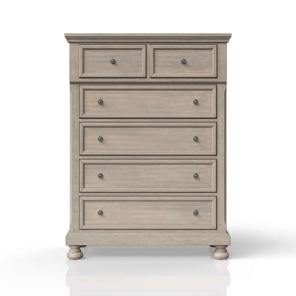 Five-drawer solid wood antique chest dresser in weathered gray with raised panel fronts knobs on Tampa Home & Garden Store