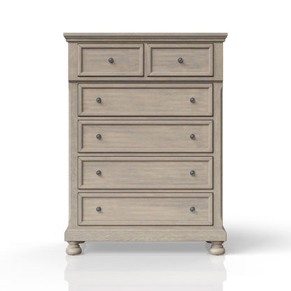 Five-drawer solid wood antique chest dresser in weathered gray with raised panel fronts knobs on Tampa Home & Garden Store