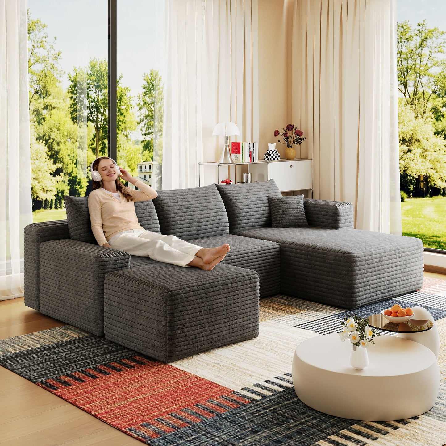 95-inch Cloud Sectional Sofa with Ottoman in gray ribbed fabric with chaise on Tampa Home & Garden Store