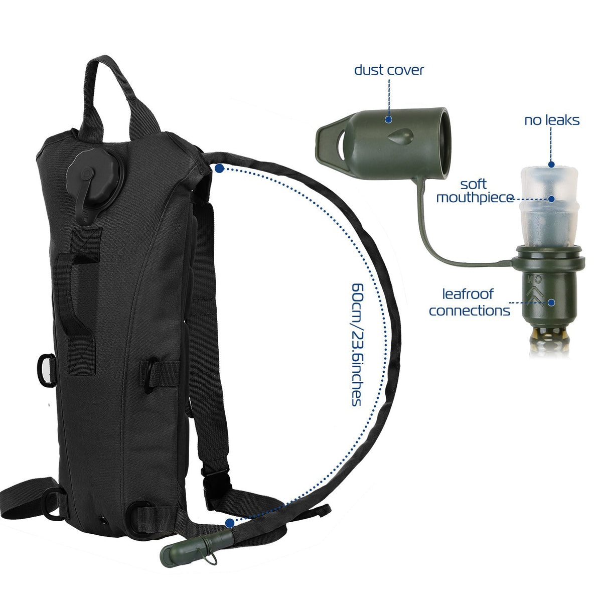 iMounTEK Tactical Hydration Pack 3L with green bite valve and dust cover on black backpack on Tampa Home & Garden Store