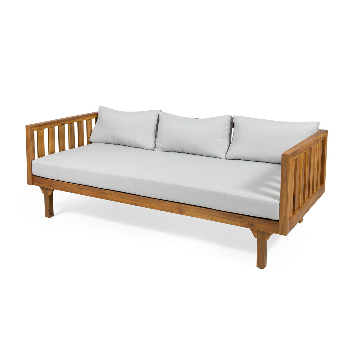 Claremont 3 Seater Daybed in teak-acacia wood with light gray waterproof cushions on Tampa Home & Garden Store