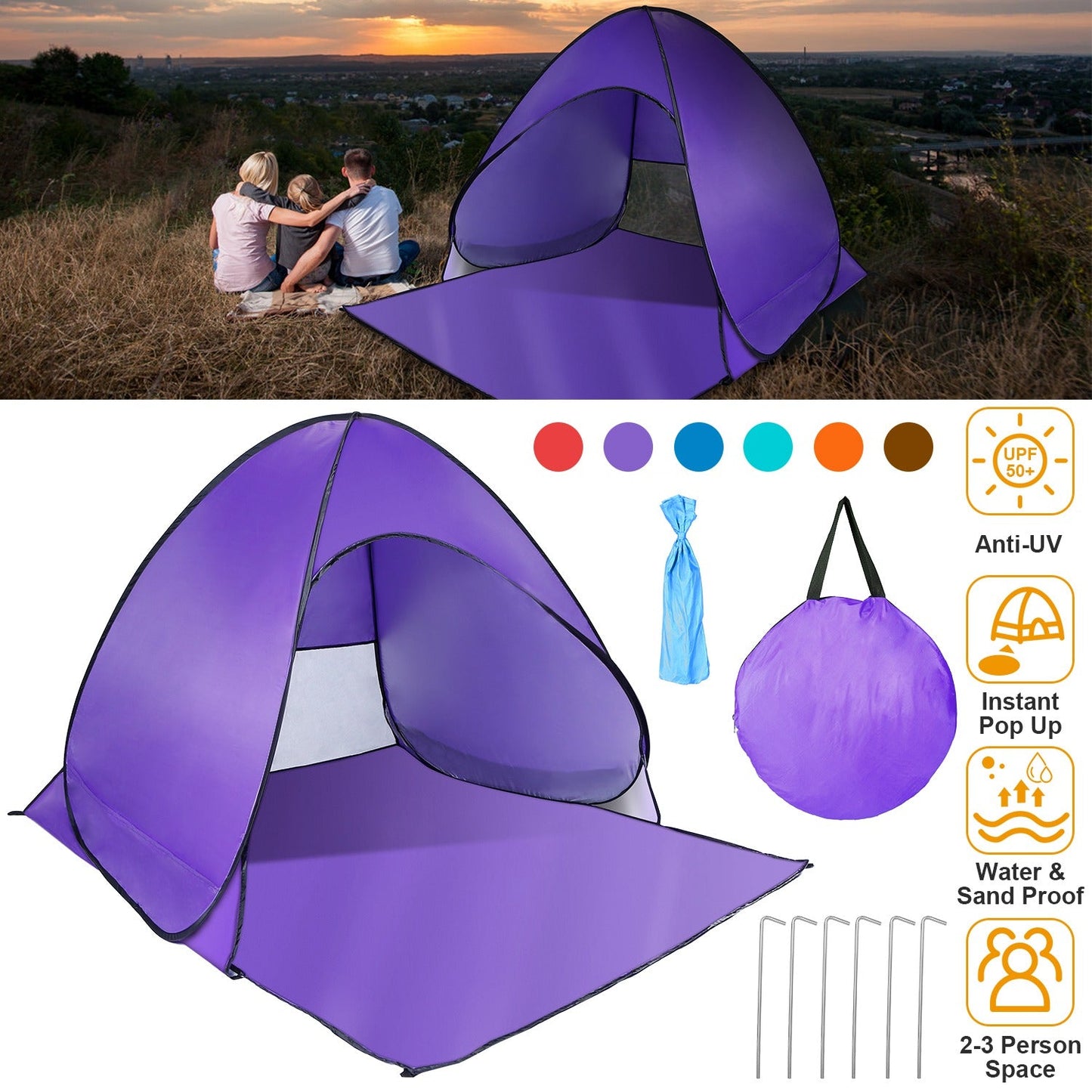 GemGear purple pop-up beach tent for 2-3 people with instant setup and anti-UV UPF50+ on Tampa Home & Garden Store