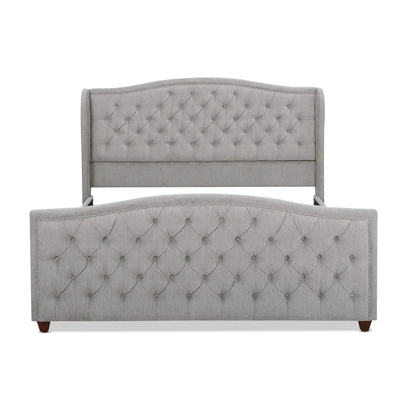 Marcella 2-piece upholstered bed set with tufted gray headboard and nailhead footboard on Tampa Home & Garden Store