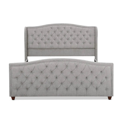 Marcella 2-piece upholstered bed set with tufted gray headboard and nailhead footboard on Tampa Home & Garden Store