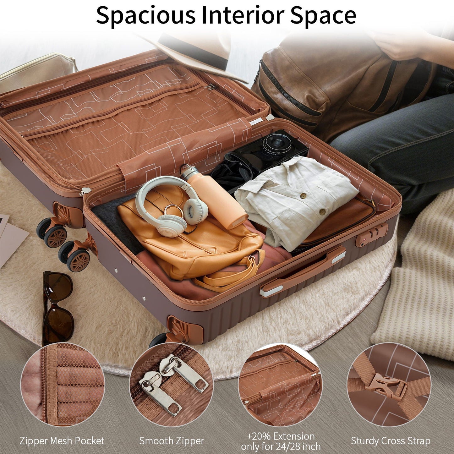 4-Piece hard-shell luggage set in rose bronze with 4 packing cubes, expandable on Tampa Home & Garden Store