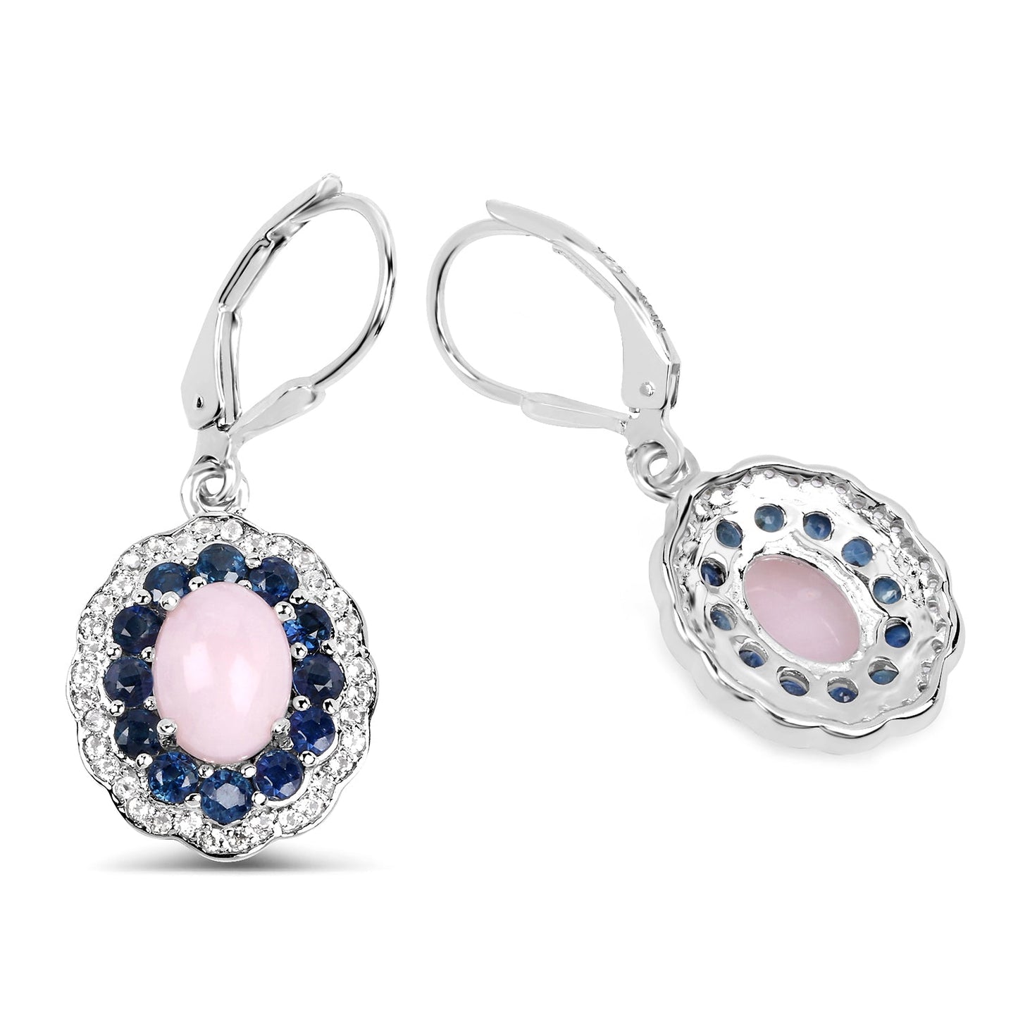 Earrings pink opal centerpiece with sapphire halo and white topaz accents in .925 silver on Tampa Home & Garden Store