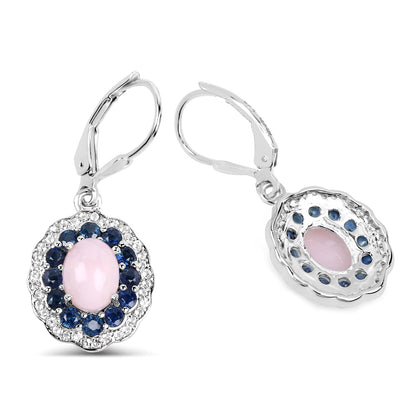 Earrings pink opal centerpiece with sapphire halo and white topaz accents in .925 silver on Tampa Home & Garden Store