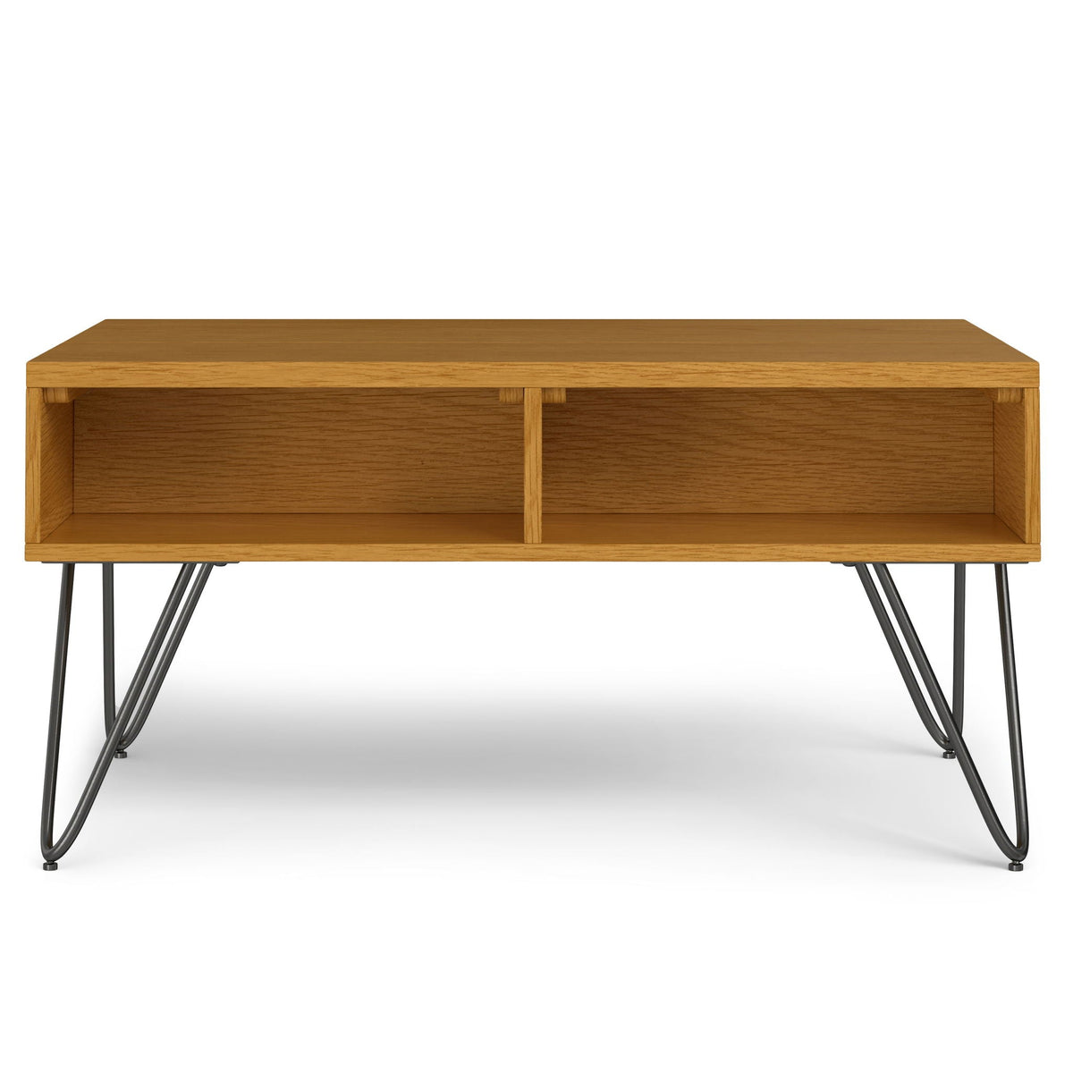 Lift-top oak coffee table with hidden storage and two open cubbies, black metal legs on Tampa Home & Garden Store